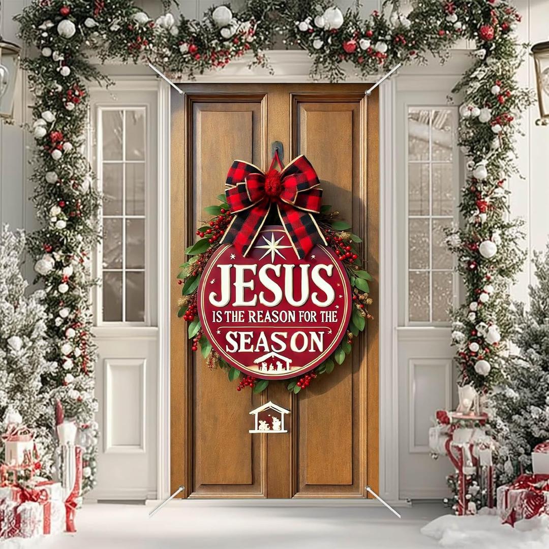 Merry Christmas Door Cover 35x71 Inch Front Porch Door Banners Decoration Winter Jesus Reason Season Banner for Sign Background Party Indoor Decor