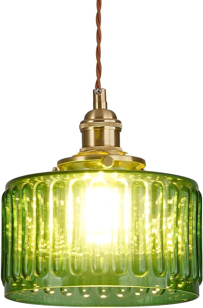 Single Glass Pendant Light Green Striped Glass Shade Brushed Brass Gold Pendant Lights Fixture Farmhouse 1-Light Vintage Industrial Ceiling Hanging Light for Dining Room Kitchen Island
