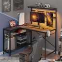 Bestier 42 L Gaming Desk,Computer Desk with Power Outlets, LED Lights, Reversible Corner Desk with 4-Tier Shelves,Cup Holder & Hook Black Marble