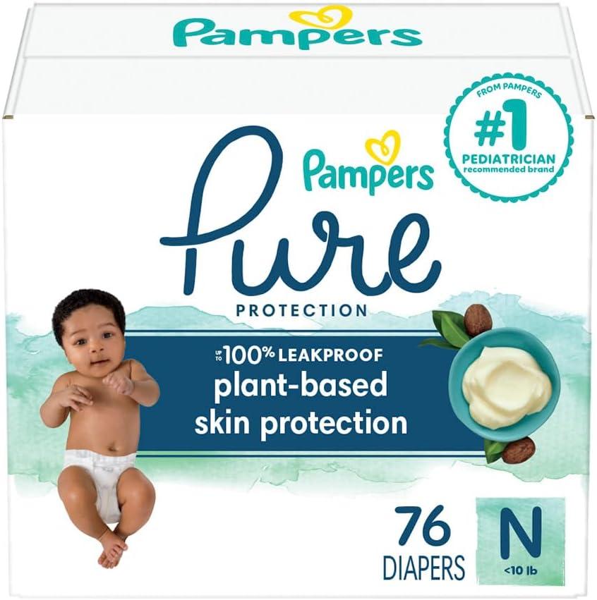 Pampers Pure Protection Diapers, Size 0, 76 Count for Up to 100% Leakproof, Plant-Based Skin Protection (Newborn)
