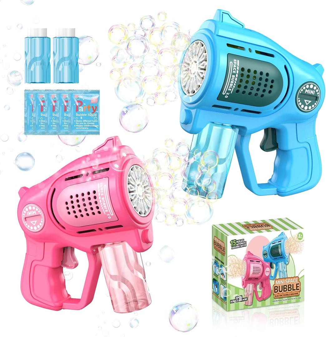 2-Pack Bubble Gun for Toddlers 1-3 Kids 4-8, 15-Holes Automatic Bubble Machine Blower Blaster Maker with 2 Bottles Solution, Easter Party Favors Summer Outdoors Wedding Toys Gifts for Boys Girls (Blue+pink (15holes))