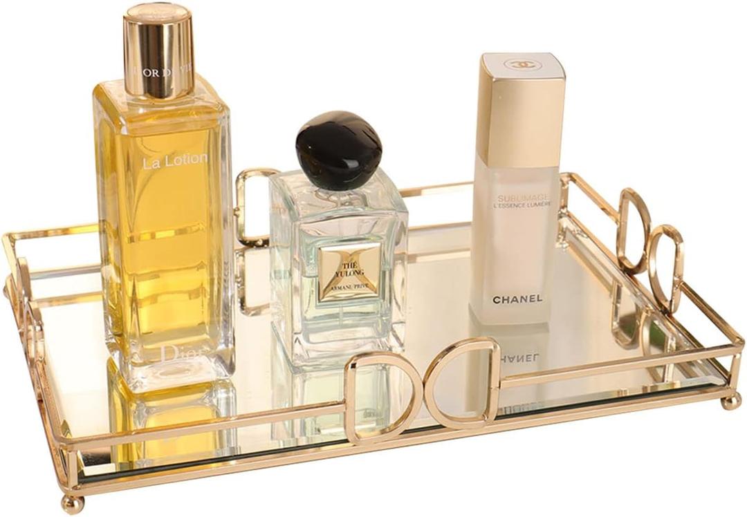 Gold Mirror Tray: Elegant Makeup/Vanity Tray, Luxury Rust-Proof Glass for Bathroom & Bedroom (Champagne Gold 11.77.92in)