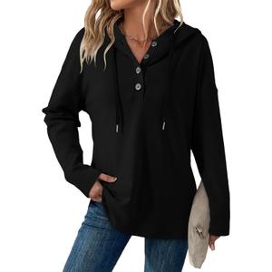 Dokotoo Hoodies for Women Long Sleeve Drawstring Button V Neck Fleece Casual Lightweight Pullover Sweatshirt Hooded Tops (Black, S)