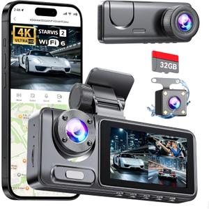 Dash Cam Front Rear with 3 Channel, 4K Full UHD Car Camera, 5GHz WiFi & App Control, Free 32GB Card Included, Dash Camera for Cars with IR Night Vision, 24 Parking Mode, Loop Recording, G-Sensor