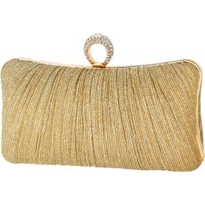 Womens Golden Glitter Clutch Purse Pleated Evening Bag for Bridal Wedding Party with Rhinestone Ring