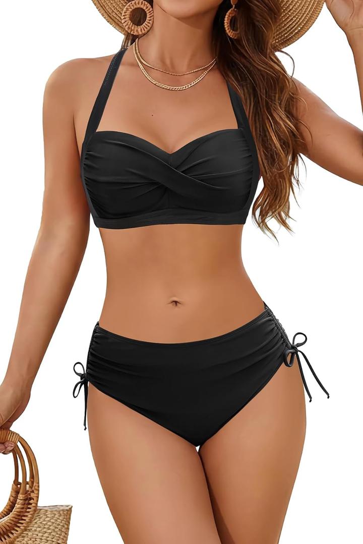 Women Two Piece Swimsuit - Push Up Bikini Set Criss Cross Bathing Suit Drawstring Mid Waist Bottom 2026 Swimwear (Large, Black)