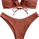 ZAFUL Women's Strapless Ribbed V Wired Lace Up Ruffle Tie High Cut Bandeau Swimsuits Bikini Set (0-coffee) S
