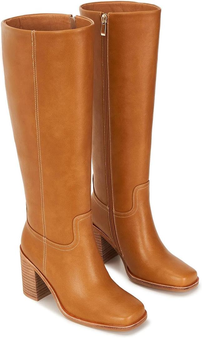 Womens Knee High Boots  Fits Calf Sizes 13.316.6 (Sizes 5-12) | Ideal for Fuller Calves, Not for Extra-Wide Calves | Comfort Block Heel, Square Toe, Side Zip (Brown)