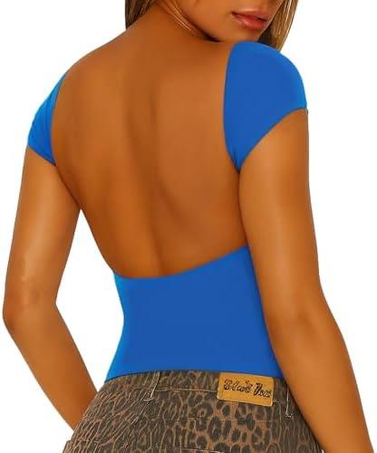 ForeFair Women Sexy Backless Short Sleeve Slim Fit Crewneck Summer Casual Y2K Crop Tee Medium