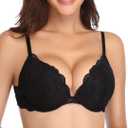 Deyllo Womens Push Up Lace Bra Comfort Padded Underwire Bra Lift Up Add One Cup (40DD, Black)