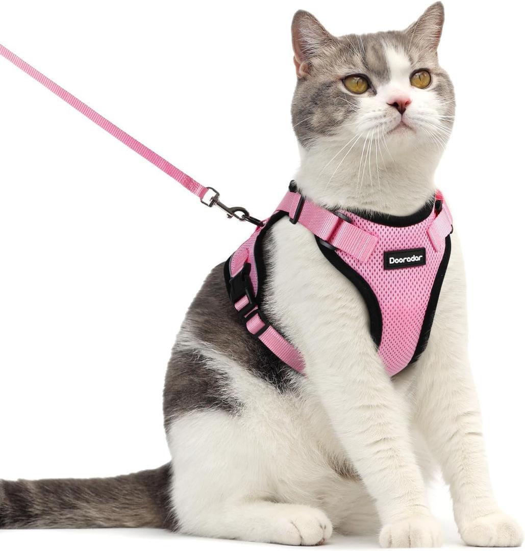 Dooradar Cat Harness and Leash Set, Escape Proof Safe Adjustable Kitten Vest Harnesses for Walking, Easy Control Soft Breathable Mesh Jacket with Reflective Strips for Cats, Pink, Medium