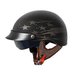 VCAN Cruiser Solid Flat Black Half Face Motorcycle Helmet with Drop-Down Sun Visor, Removable Peak and Quick Release Buckle (Star Trail, Small)
