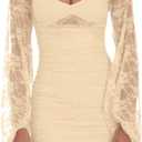 Zebaexf Women's Lace Mini Dress Mesh Dress Long Puff Sleeve Mini Bodycon Party Clubwear for Women (L)