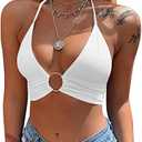 Mizoci Women's Sexy Summer Sleeveless Halter Deep V Neck Crop Top Tie Up Backless Cami L 03