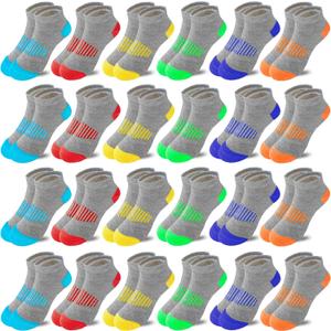 Boy Socks 24 Pairs Ankle Athletic Cotton Socks Half Cushioned Low Cut Sock Ankle Athletic Cotton Sock (7-10 Years)