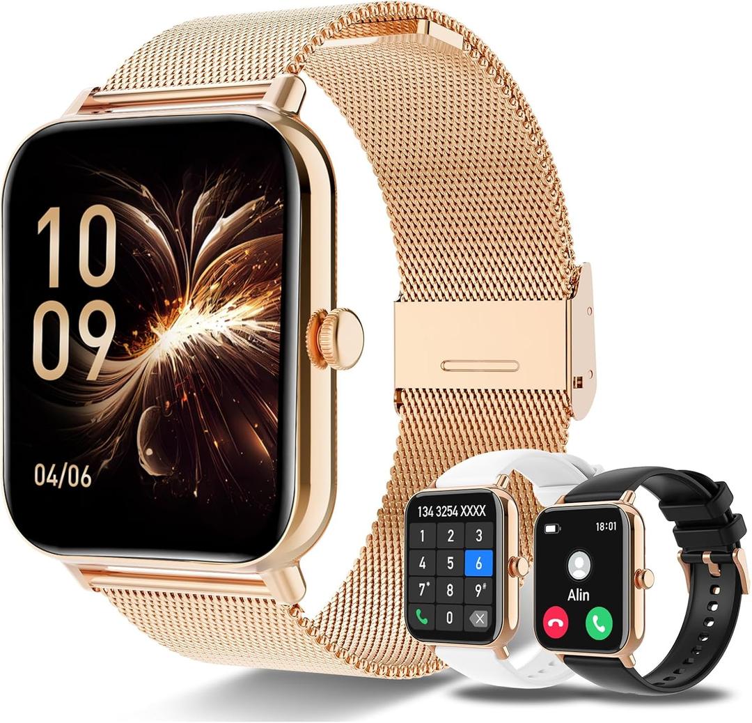 Smart Watch for Women Men(Answer/Dial Calls) 1.83" HD AI Voice Smartwatch with Fitness/Step Tracker/Heart Rate/Sleep/Stress Monitor, 120+ Sports Modes IP68 Waterproof for IOS/Android, Gold/3 Bands
