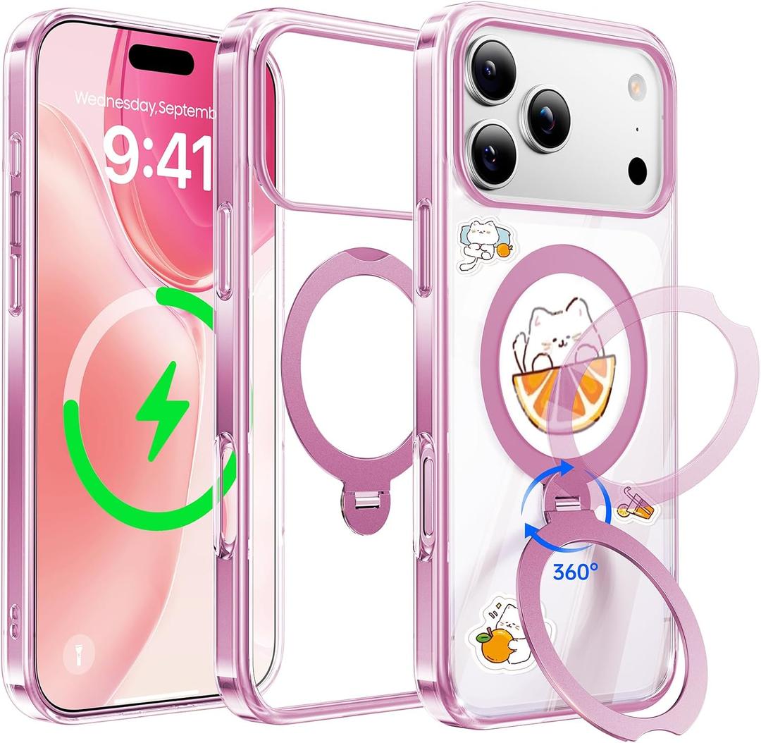 for iPhone 17 Pro Case 2025 (Compatible with MagSafe) (Military Protection) with 360 Spin Stand (DIY Cute Stickers) Anti-Yellow Clear Slim for 17 Pro Phone Case 6.3", Pink