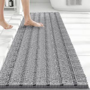 Bcoimo Long Bathroom Rug, Chenille Bath Runner with High Low Pile Design, Soft Absorbent Non Slip Bath Mat, Machine Washable Quick Dry Rug for Shower, Tub, Sink and Vanity (2' x 4' (Rectangular), Grey)