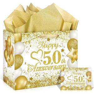 50th Anniversary Paper Gift Bag - White Gold Wedding Gift Wrapping Bag with Tissue Papers & Card - Perfect for Golden Wedding Anniversary or Christmas Decor