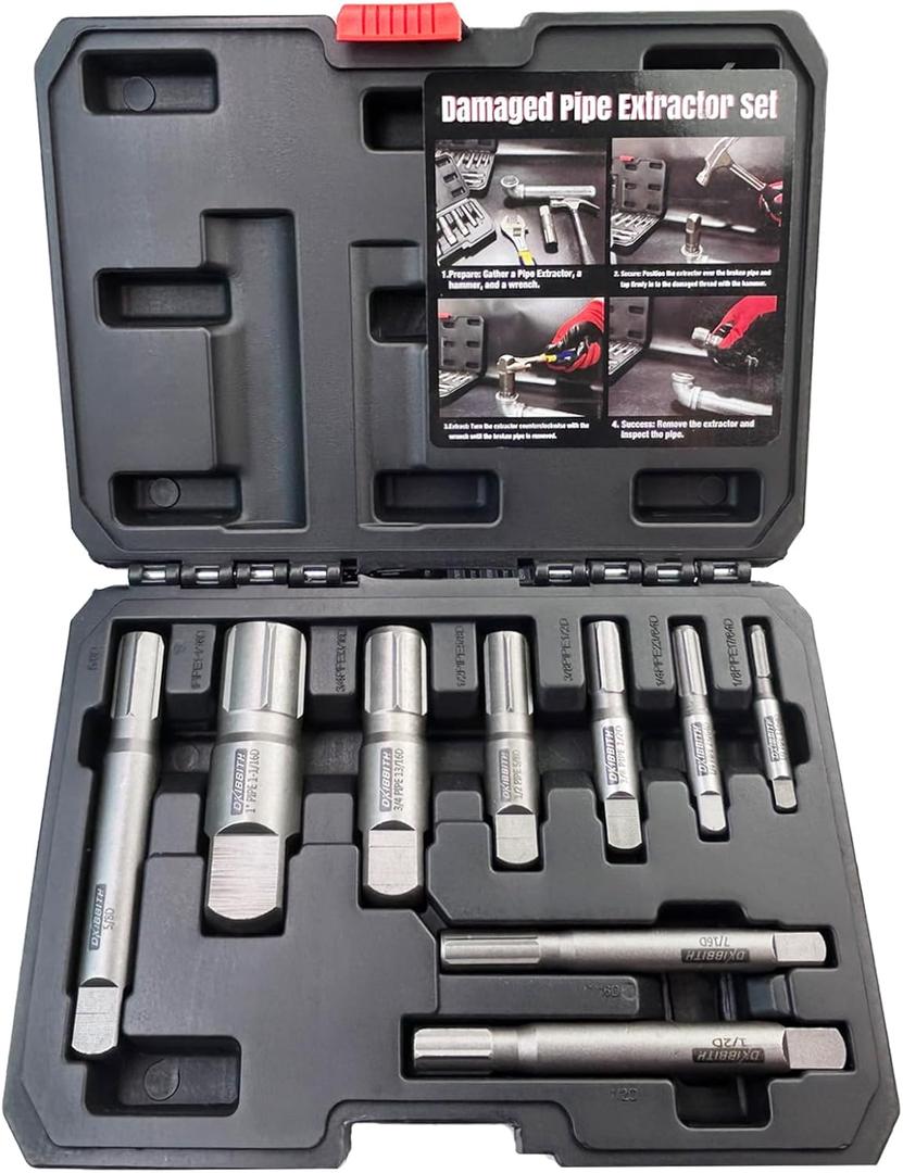 DKIBBITH Pipe Extractor Set, 9-Piece Heavy Duty Steel Broken Pipe Extractors for Removing Damaged Threaded Pipes & Fittings from 1/8" to 1", with Durable Storage Case, Ideal Tools for Plumbers Mechanics DIY
