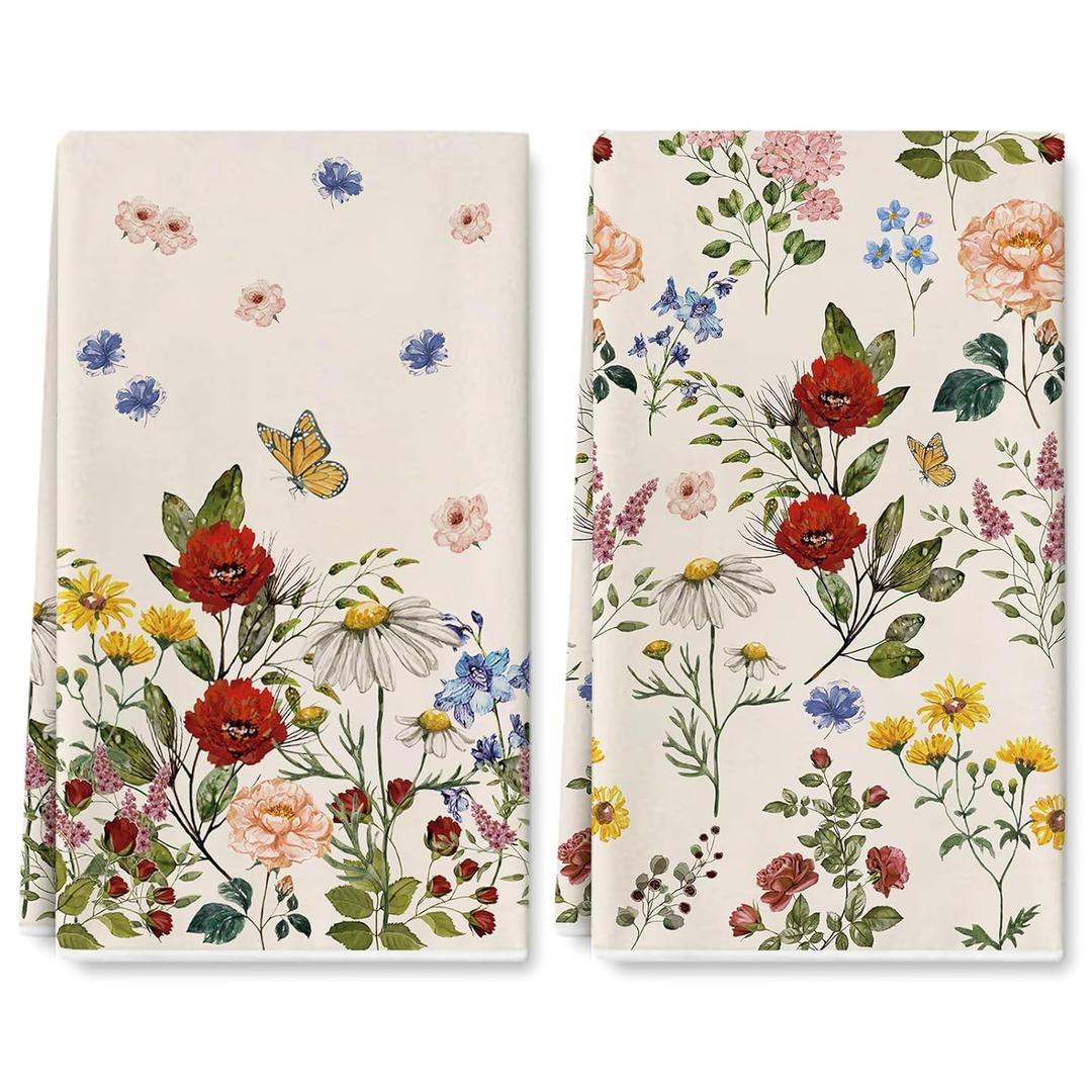 AnyDesign Wildflower Kitchen Dish Towel 16 x 24 Inch Vintage Flower Dishcloth Floral Decorative Hand Drying Tea Towel for Home Kitchen Cooking Baking Cleaning, 2Pcs
