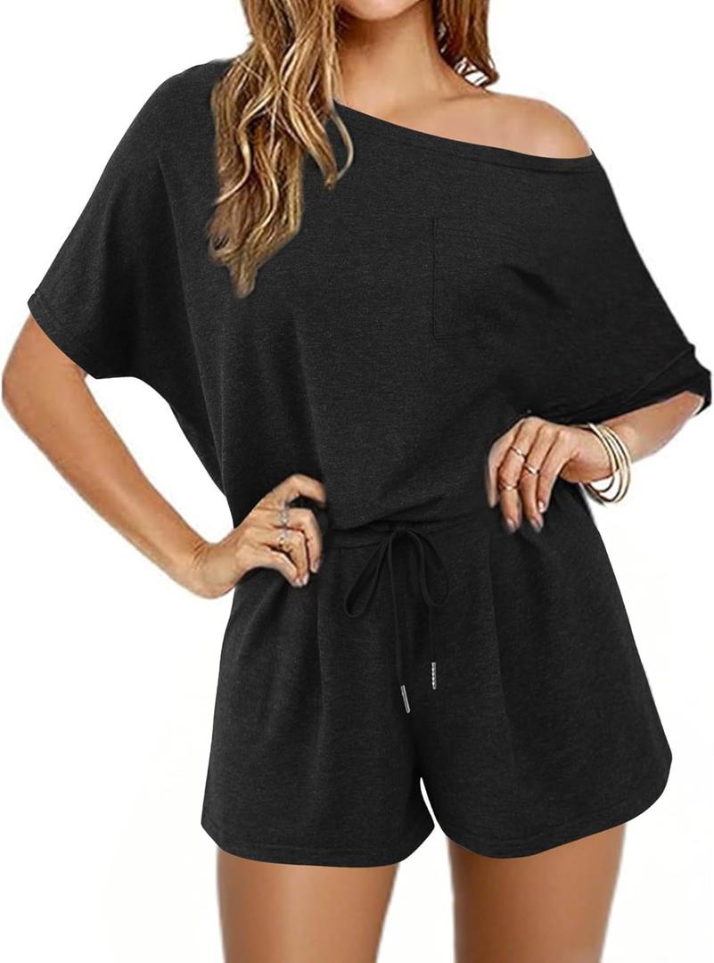 Hilinker Womens Sexy Pajama Set Off Shoulder Top and Shorts Lounge Sets Summer 2 Piece Outfits Black Small (Black, S)