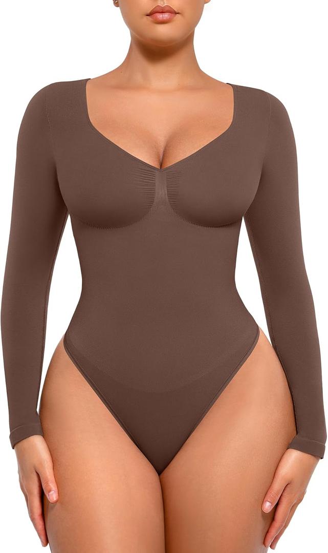 FeelinGirl Women's Long Sleeve Shapewear Bodysuit for Tummy Control Seamless Body Suits Thong V Neck Going Out Tops (Medium, Chocolate)