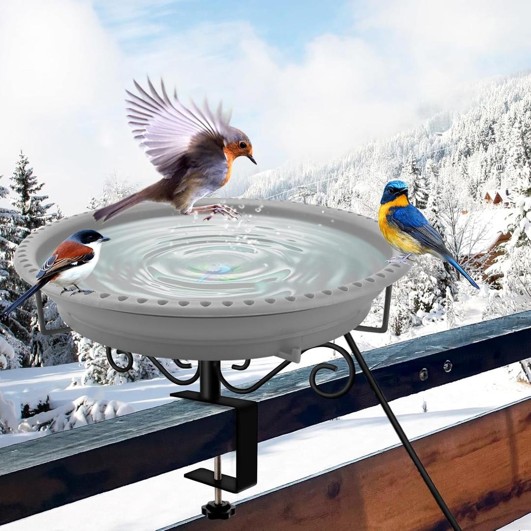 Lovppy Heated Bird Bath for Deck Railing, 100W Thermostatically Controlled Heated Bird Baths for Outdoors Bird Bath Heater, Heated Bird Bath for Outside Winter Garden Patio Yard(Gray)