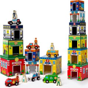 Atoylink Toddler Sorting and Stacking Toys with Magnetic Wooden Cars & Community Helpers, Baby Number Blocks Nesting Boxes Preschool Learning Montessori Toys for 1 2 3 Year Old Boys Girls Gift (Occupation)