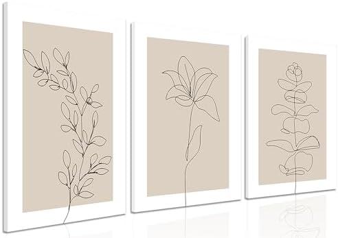 MANPPOP Neutral Botanical Canvas Wall Art Set of 3, Beige Line Flower Minimalist Plant Poster Prints, Abstract Boho Floral Artwork Wall Decor Paintings for Bathroom Bedroom Living Room 16X24 In