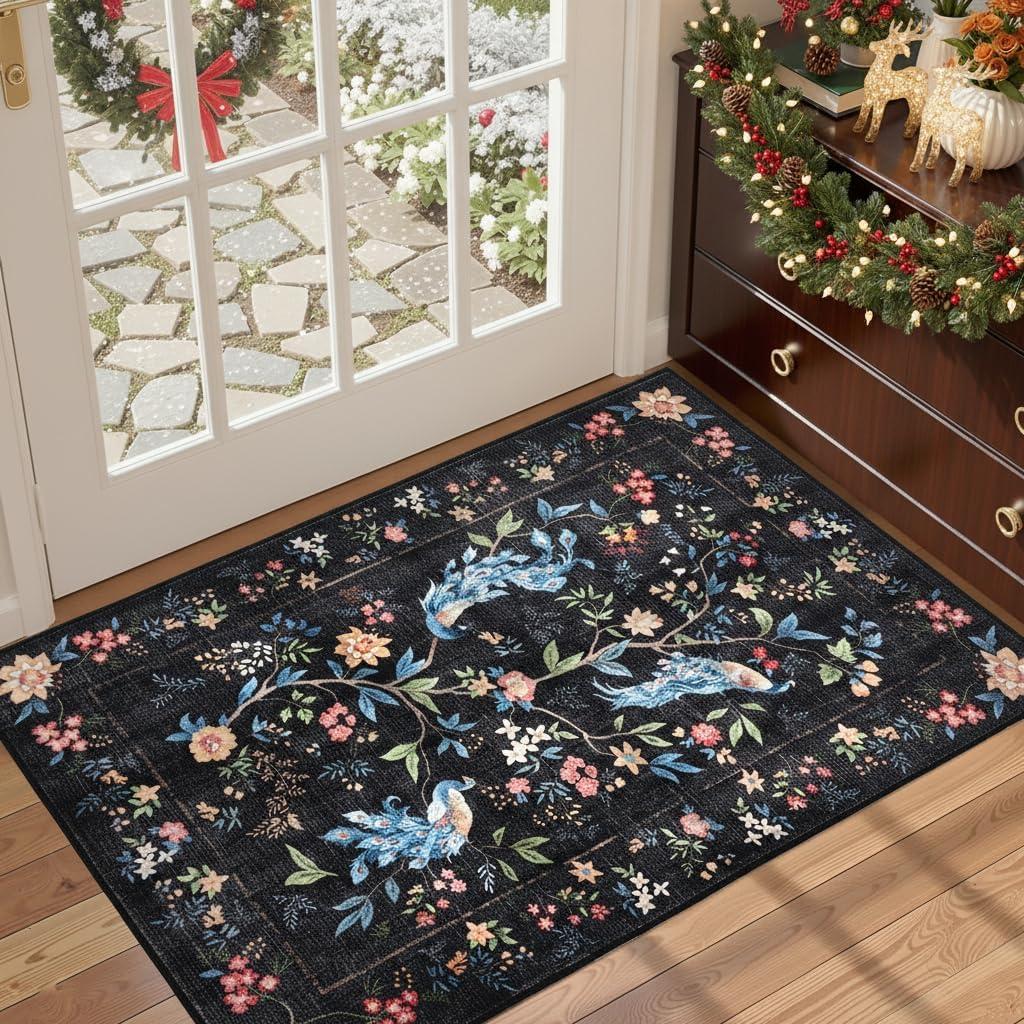 GarveeHome Small Black Entryway Rug, 2x3 Washable Front Door Rug Indoor Entrance Floral Peacock Carpet Non-Slip Low Pile Throw Rugs for Kitchen Floor, Powder Room, Entry, Bathroom, Kids Room