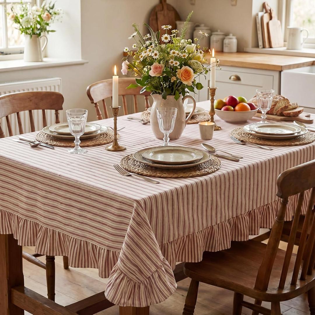 Gilprop 60120 Inch Farmhouse Rectangle Ruffle Tablecloth Cotton Red White Striped Tablecloth Vintage Red Striped Table Cover for Country Indoor Rustic Retro Farmhouse Decor