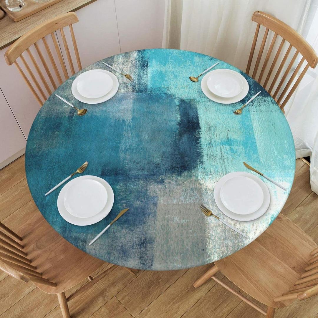 Round Table Cloth Teal and Grey Abstract Art Painting Tablecloth Elastic Edge Fitted Turquoise Table Cover Up to Size 40"-44" Diameter