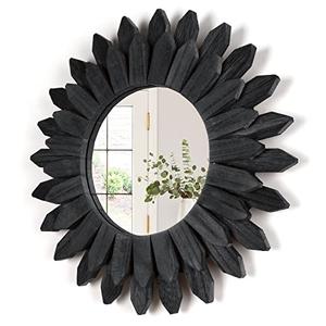 Honiway Black Wall Decor Wall Mirror 12 inch Boho Wall Decor Wood Decorative Mirror for Room Decor Home Decor for Bedroom Living Room Bathroom Kitchen Black