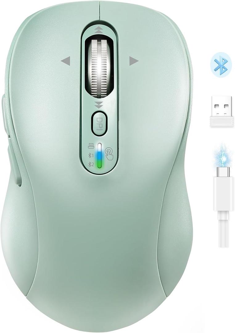 Wireless Bluetooth Mouse for Laptop,USB+BT2,Quiet Ergo Computer Mouses,Metal 4-Way Super Scrolling, 3200 DPI,Rechargeable,10 Button,Plug&Play,Multi Device Cordless Mice for iPad,Tablet,Mac,PC(Green)