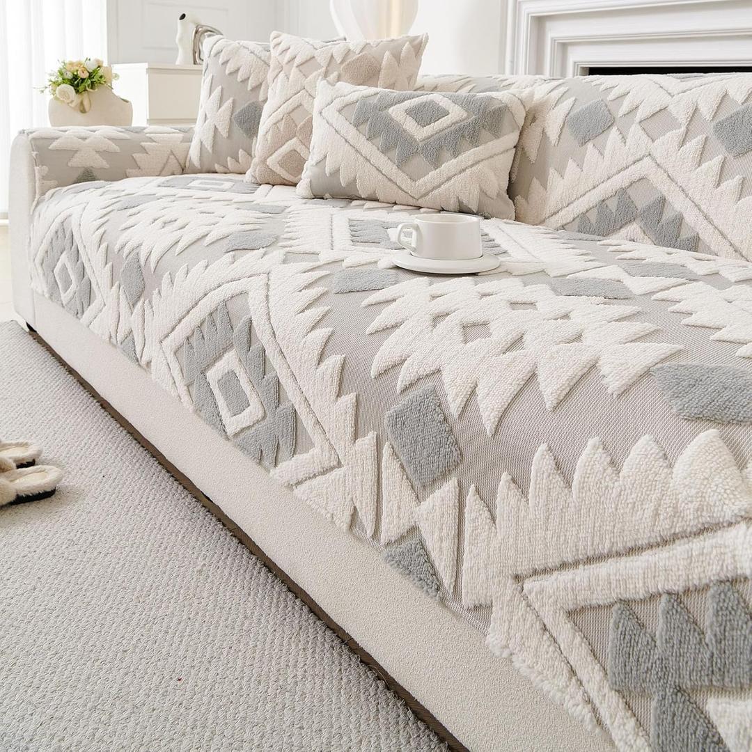 Boho Plush Couch Covers for Sofa Washable, Fuzzy Soft Couch Cover for Sectional Sofa, Non Slip Jacquard Sofa Cover Furniture Protector for Kids, Pets (Light Grey,28"x28")