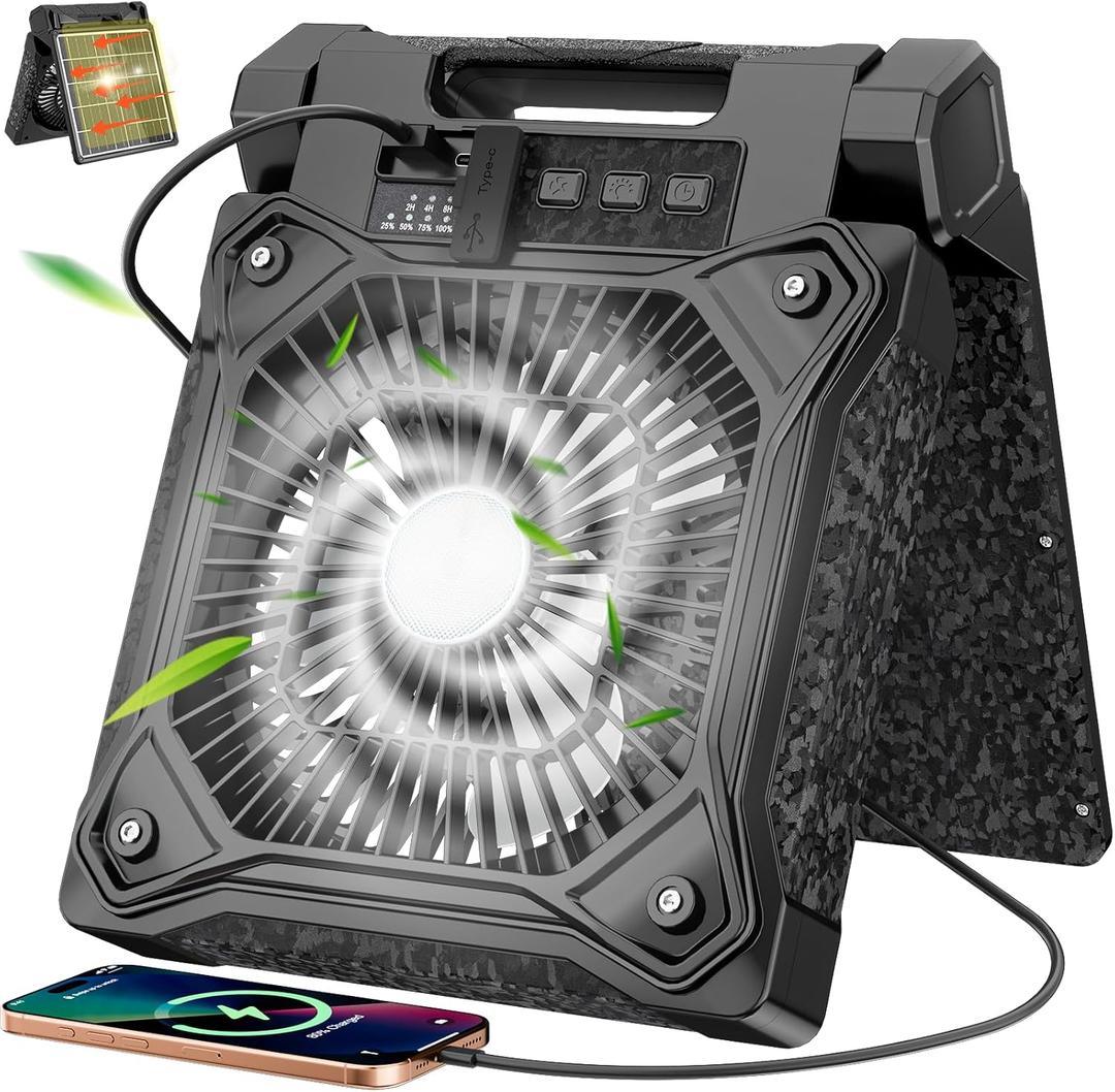 Solar Camping Fan 20000mAh, Solar Powered Fan with LED Lantern, Upgrade 9W Rechargeable Battery Operated Fans for Outside, 4 Speeds, 8H Timer and Quiet Battery Powered Solar Tent Fans for Outdoor (Black)