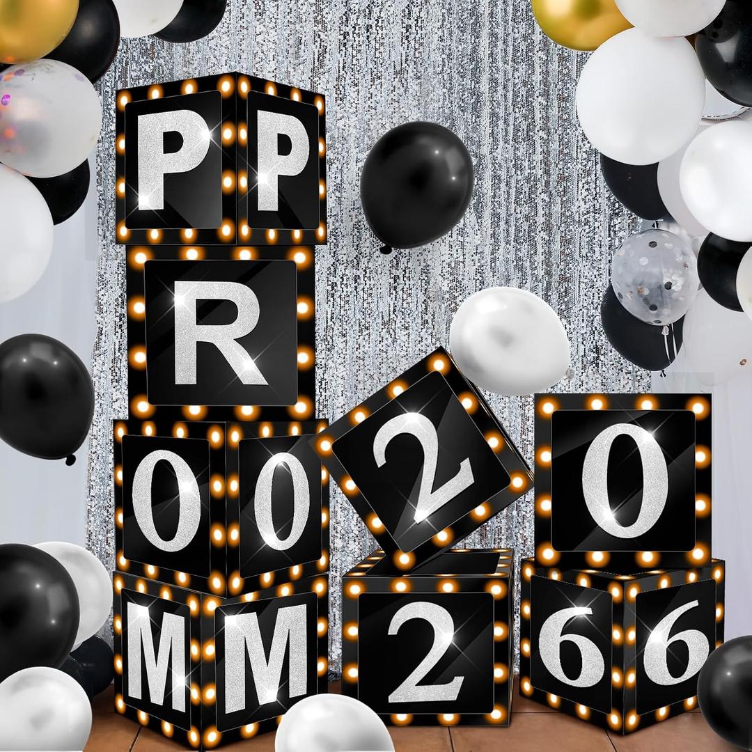 Sinmoe 8 Pcs 2026 Prom Graduation Boxes Decoration Photo Booth Border Lighting 12'' Column Standup with 2026 Prom Letters Graduation Props Backdrop Decor for Party Supplies(Black and Silver)