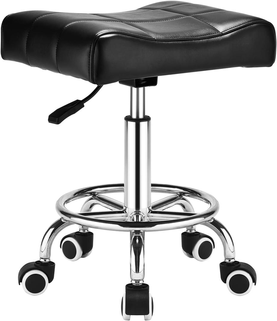 Square Salon Rolling Stool - 300lbs Weight CapacityAdjustable Swivel Stool with WheelPu Leahter Comfortable Cutting Stools for Salon Tattoo Stylist Massage Perfect for Work SPA (Black)