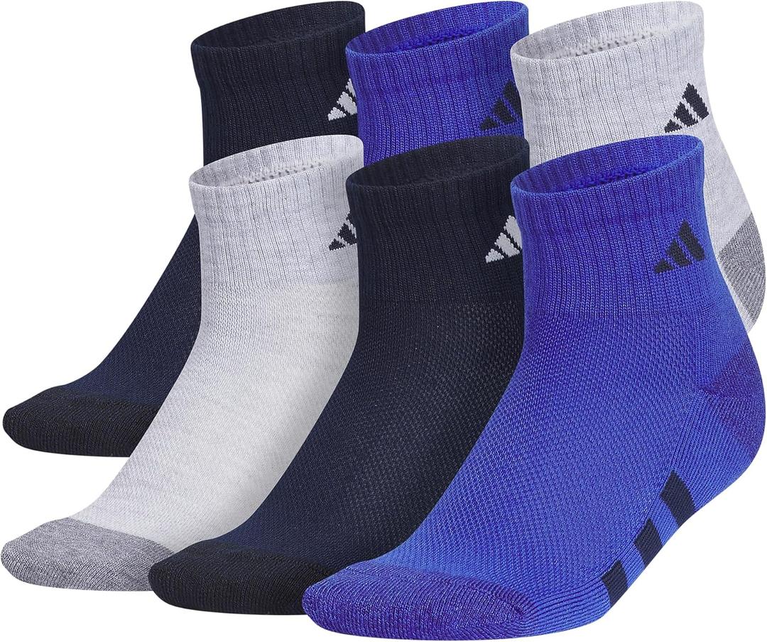 adidas Unisex Kids Quarter Ankle Socks for Boys and Girls Youth (6-pack) Athletic Cushioned and Comfortable (Large, Cool Light Heather/Collegiate Navy/Semi Lucid Blue)