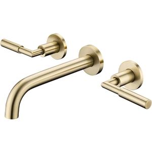 Gold Wall Mount Faucet, Brushed Gold Wall Mounted Bathroom Sink Faucet, Dual Handle, Brass Rough-in Valve Included, Pt02BG