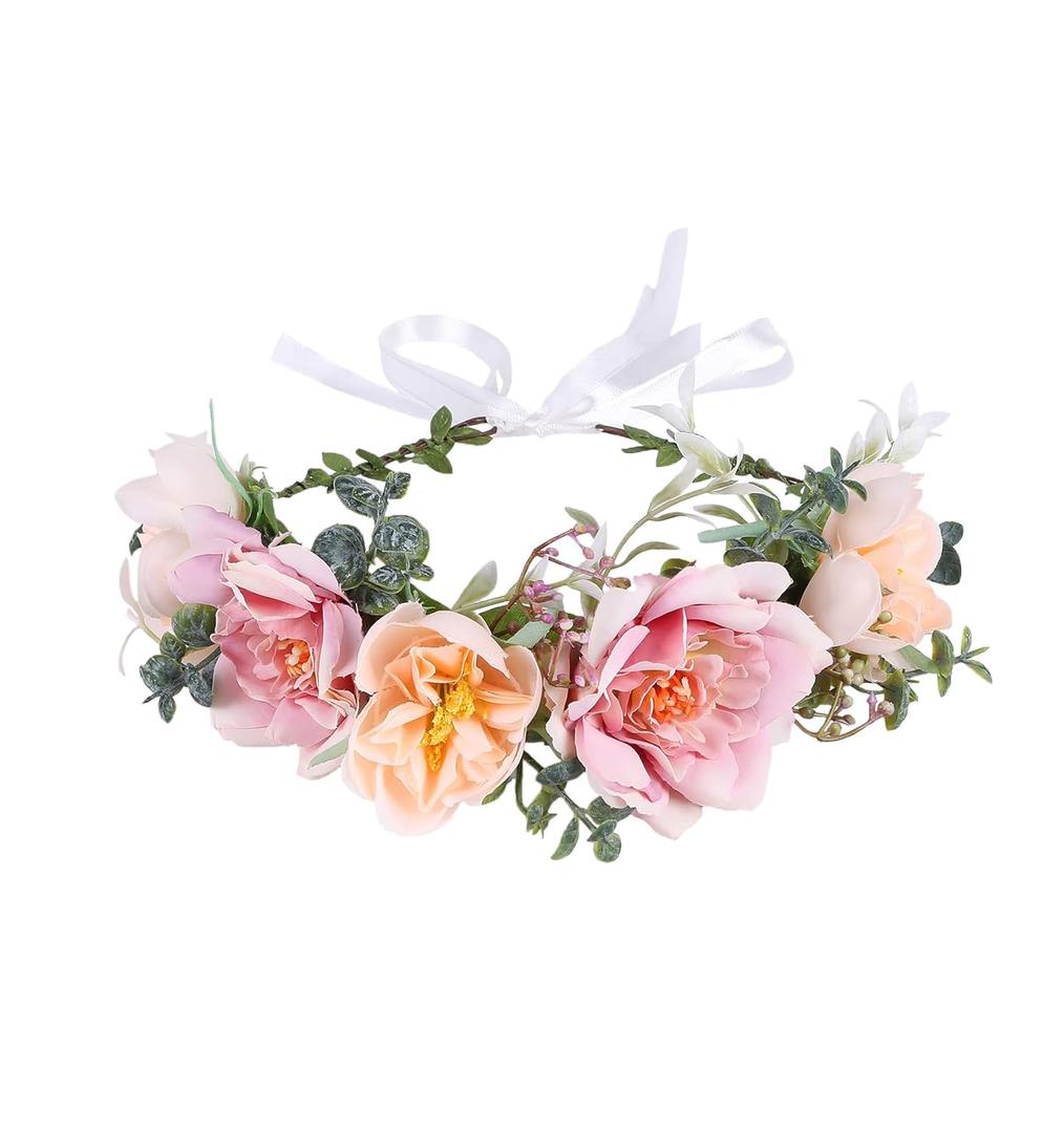 Vivivalue Women Floral Crown Flower Garland Headband Hair Wreath Floral Headpiece Halo Boho with Ribbon Wedding Party Photos Pink (46)