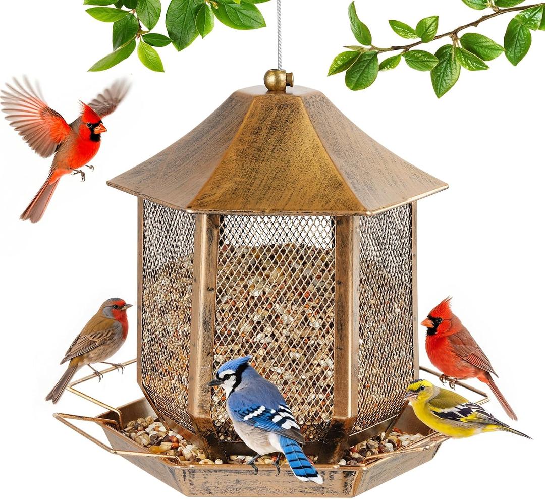 Bird Feeder, Heavy Duty Metal Bird Feeders for Outdoors Hanging, Weather Resistant Wild Bird Feeders for Outside Garden Yard, 3.5LB Seed Capacity, Hexagon Gazebo Style