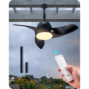 EDISHINE 30 Outdoor Ceiling Fan with Light and Remote, IP66 Waterproof Gazebo Fan Hanging with Hook, 3CCT 6 Speed DC Motor, Matte Black Blades, Plug in Wet Rated Fan for Patio, Pergola, Porch, Garage