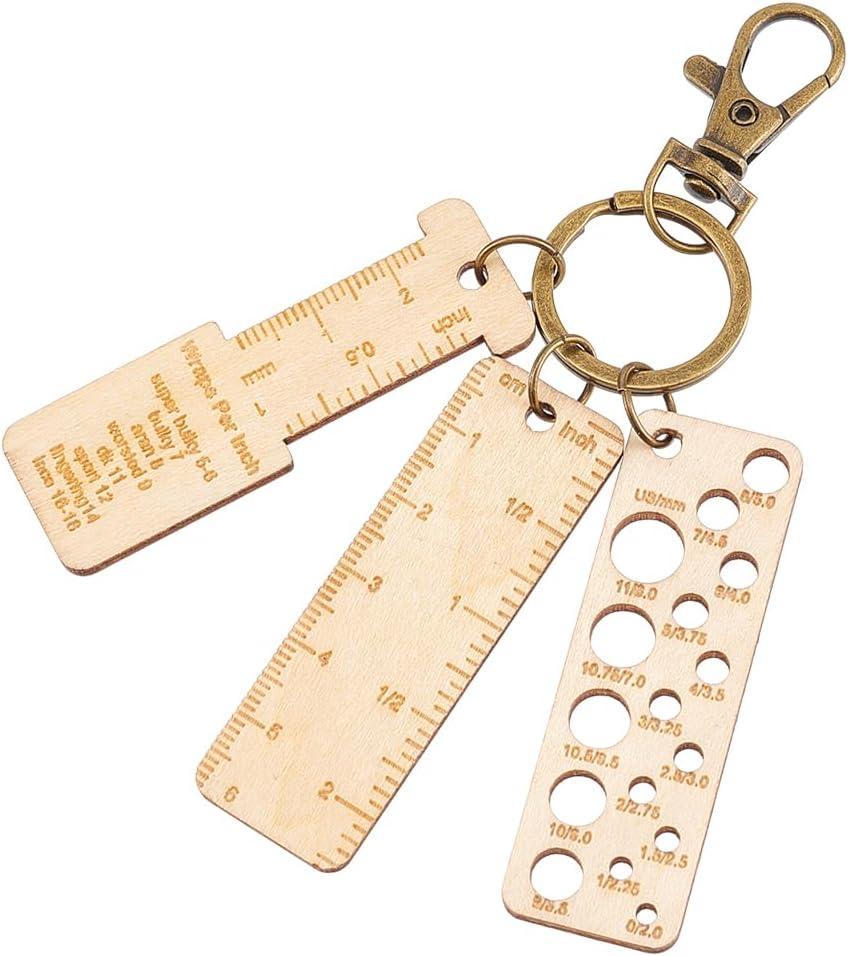 BENECREAT 3Pcs Mini Wooden Gauge Keychains, Knitting Needle Gauge, Yarn Wrap Guide Board, Multifunctional Ruler with Alloy Clasp for Crochet DIY Sewing