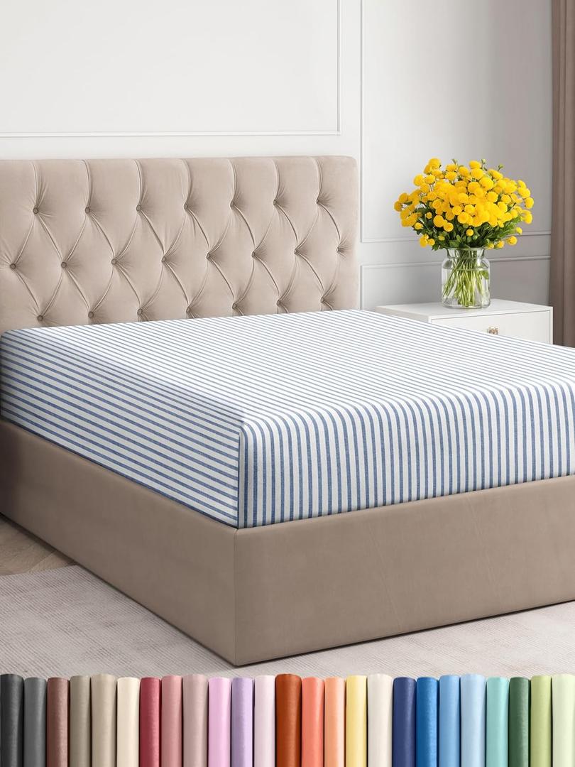 Cal King Fitted Bed Sheet - Bottom Single Fitted Sheet Only - Soft Hotel Luxury Bedding w/ 8-16 Inch Deep Pockets - Breathable & Wrinkle Free - Easy-Care, Fade and Shrink Resistant - Blue Stripes 2