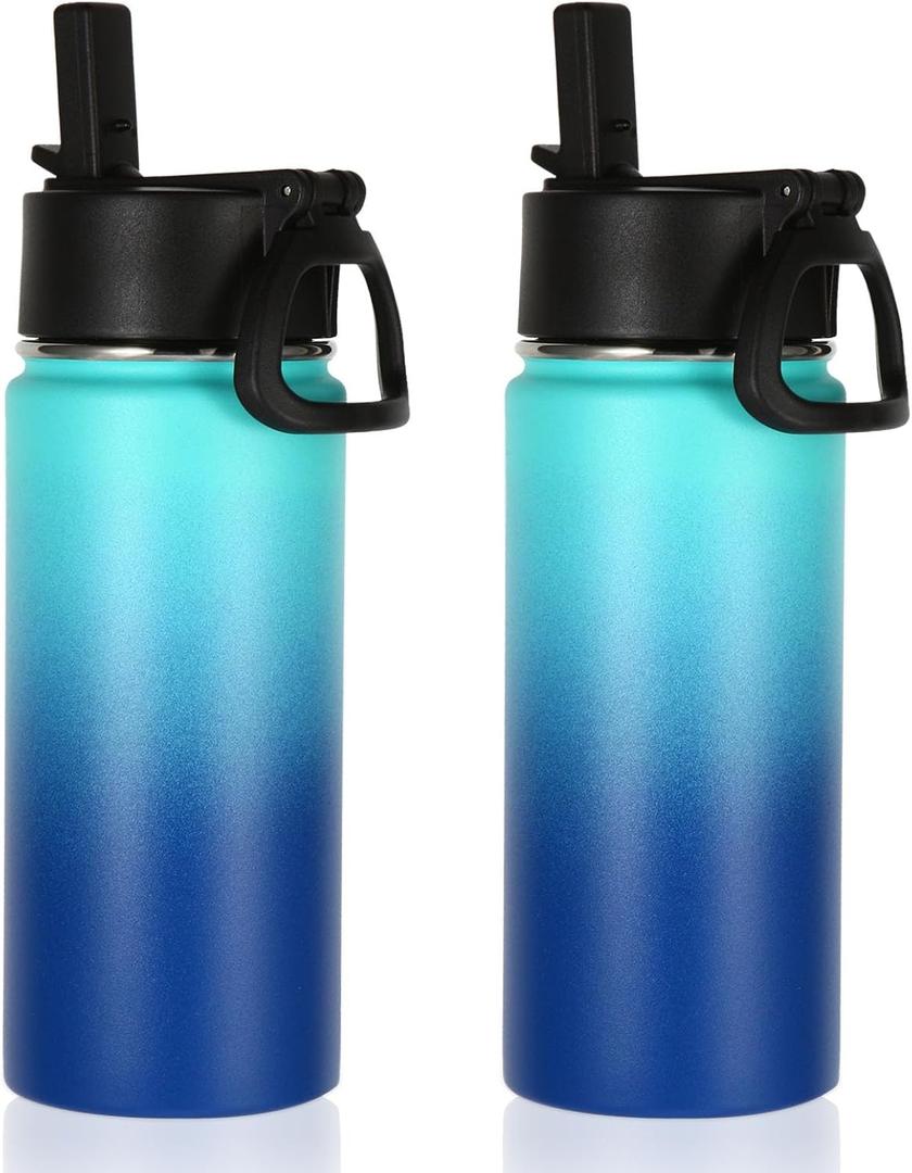 Volhoply 16 OZ Kids Water Bottle Bulk 2 Pack,Insulated Sports Bottles with Straw Lid,Stainless Steel Bottle with Handle Keep Cold & Hot,Double Wall Vacuum Tumbler Cups for School(Green Blue, 2)