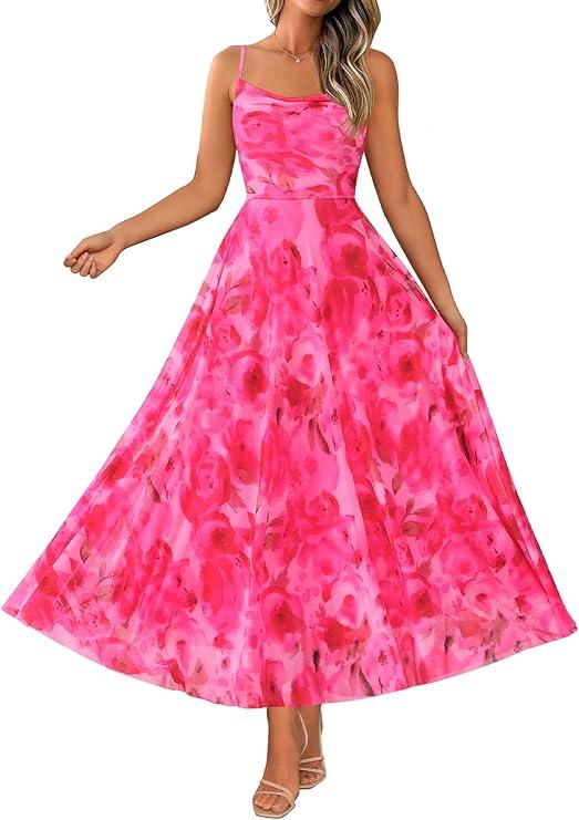 BTFBM Women Summer Floral Maxi Dresses Elegant Spaghetti Strap Dress Printed Party Dress Beach Long Dresses, Pink Big Floral, M
