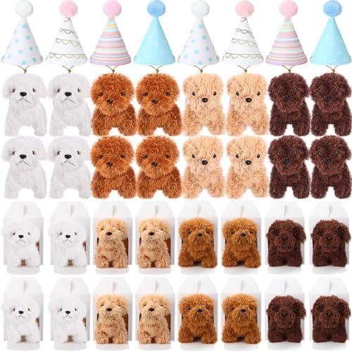 Motionchic 20 Pcs Mini Stuffed Animals Set Includes 20 Birthday Hats 20 Kraft Paper Boxes for Animal Theme Birthday Party Supplies Favors Gifts(White,Cute)