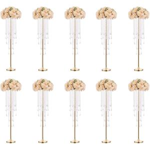 10 Pcs 39.4" Gold Flower Vase with Chandelier Crystal, Centerpiece Table Decorations, Metal Stand for Wedding, Reception, Party, Events, Home